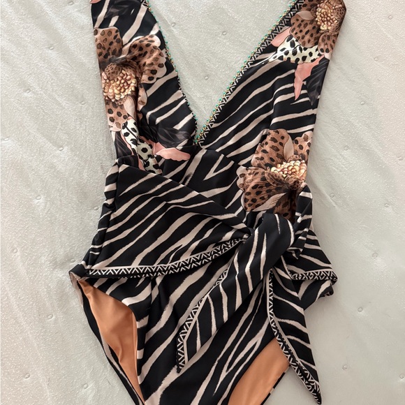 None Other - Floral Zebra Print One-Piece Swimsuit in Black and Tan